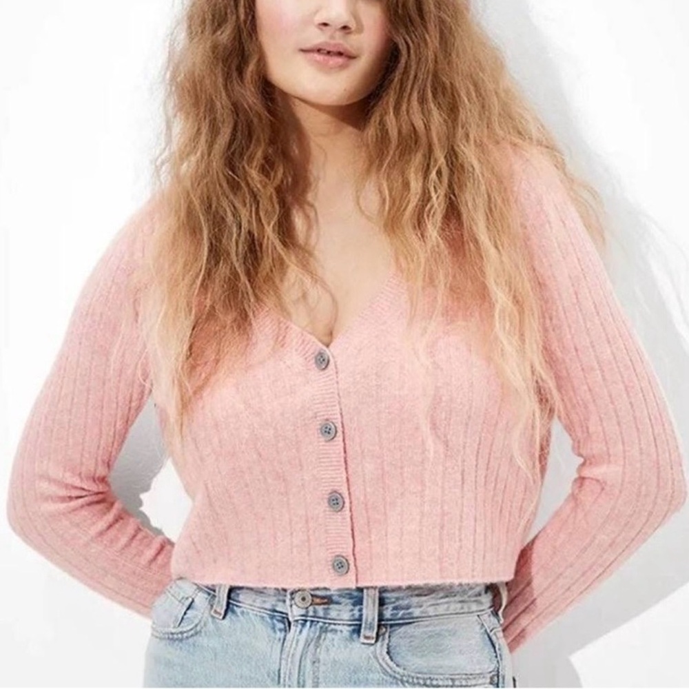 American Eagle Pink Cropped Cardigan Large Ribbed Soft Girl Preppy Balletcore